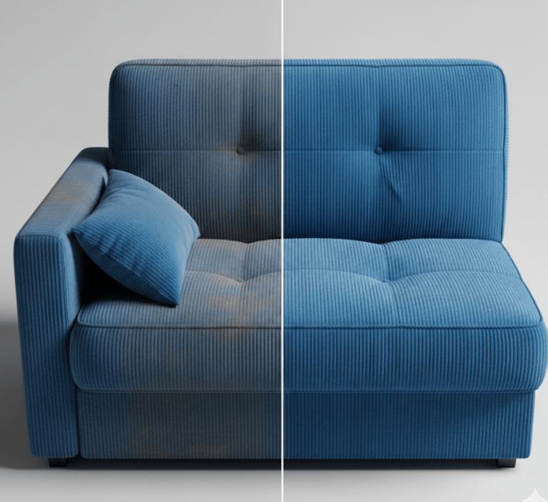 Niebieska kanapa po i przed praniu tapicerki meblowej